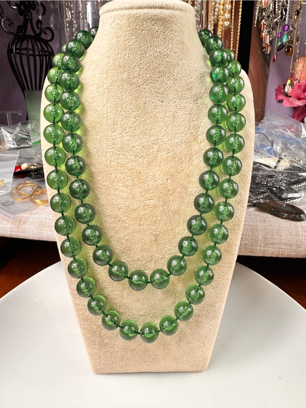 Green Lucite Bead Double Strand Necklace